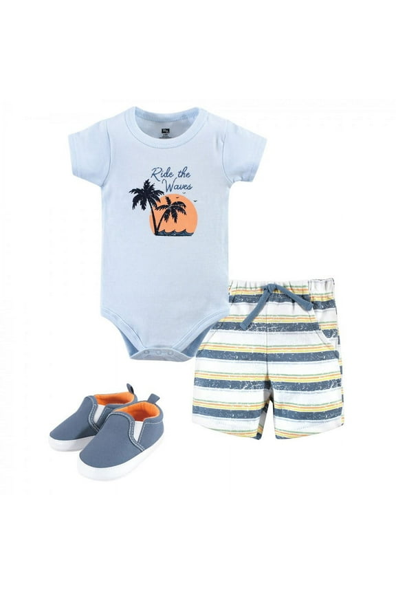 Infant Boy Cotton Bodysuit, Shorts and Shoe 3pc Set, Ride Waves, 9-12 Months