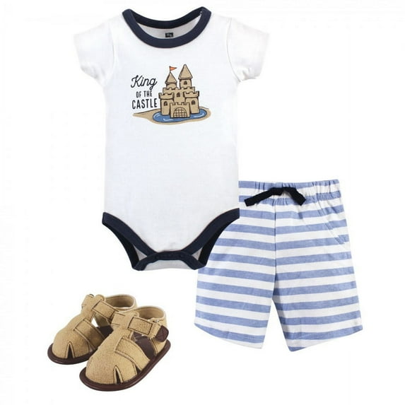 Hudson Baby Infant Boy Cotton Bodysuit, Shorts and Shoe 3pc Set, Sandcastle, 9-12 Months