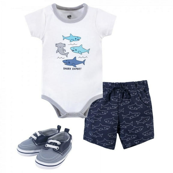 Hudson Baby Infant Boy Cotton Bodysuit, Shorts and Shoe 3pc Set, Shark Expert, 12-18 Months