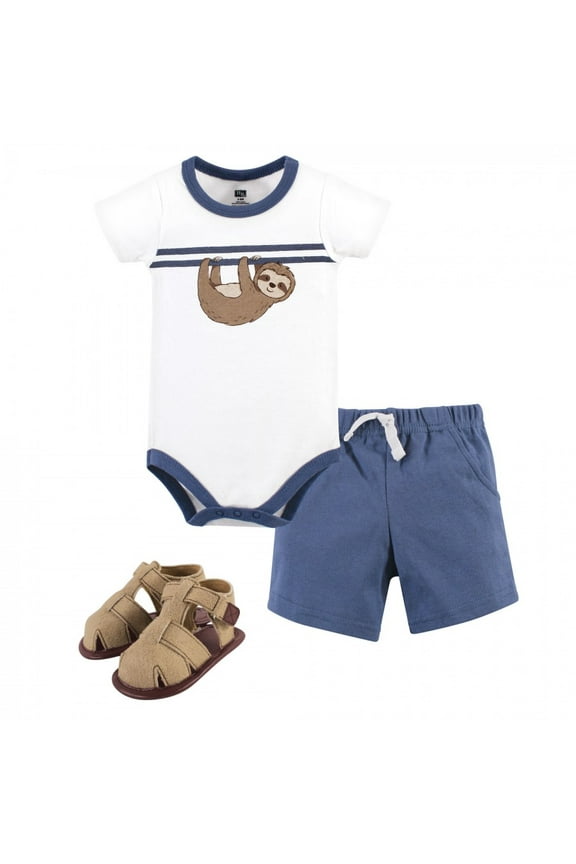 Infant Boy Cotton Bodysuit, Shorts and Shoe 3pc Set, Sloth, 3-6 Months