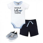 Hudson Baby Infant Boy Cotton Bodysuit, Shorts and Shoe 3pc Set, Whale Hello, 0-3 Months