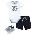 thumbnail image 1 of Hudson Baby Infant Boy Cotton Bodysuit, Shorts and Shoe 3pc Set, Whale Hello, 3-6 Months, 1 of 4