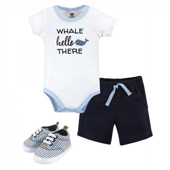 Hudson Baby Infant Boy Cotton Bodysuit, Shorts and Shoe 3pc Set, Whale Hello, 3-6 Months