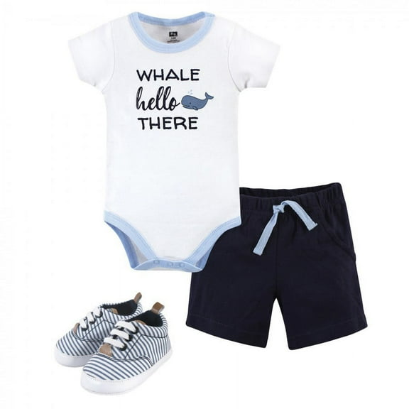 Hudson Baby Infant Boy Cotton Bodysuit, Shorts and Shoe 3pc Set, Whale Hello, 3-6 Months