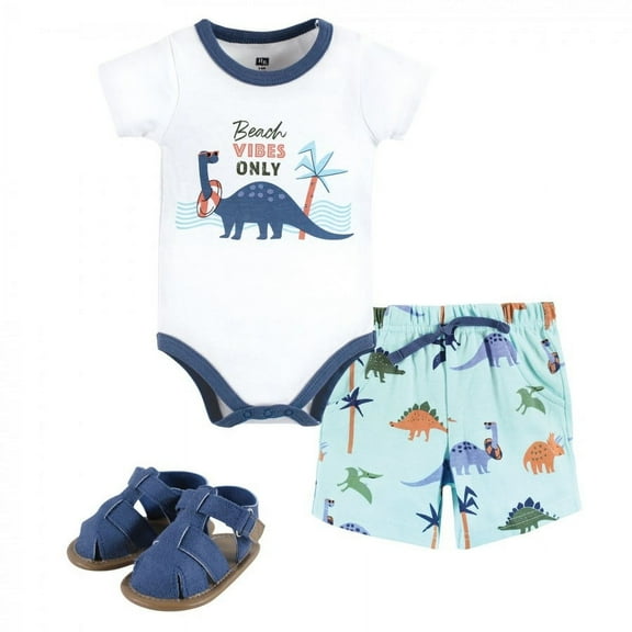 Hudson Baby Infant Boy Cotton Bodysuit, Shorts and Shoe Set, Beach Dino, 0-3 Months