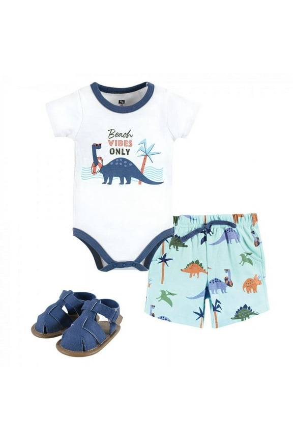 Infant Boy Cotton Bodysuit, Shorts and Shoe Set, Beach Dino, 0-3 Months