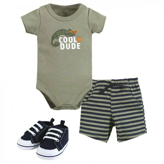 Hudson Baby Infant Boy Cotton Bodysuit, Shorts and Shoe Set, Cool Dude, 0-3 Months