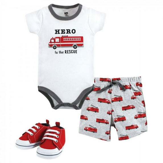 Hudson Baby Infant Boy Cotton Bodysuit, Shorts and Shoe Set, Firetruck Hero, 9-12 Months