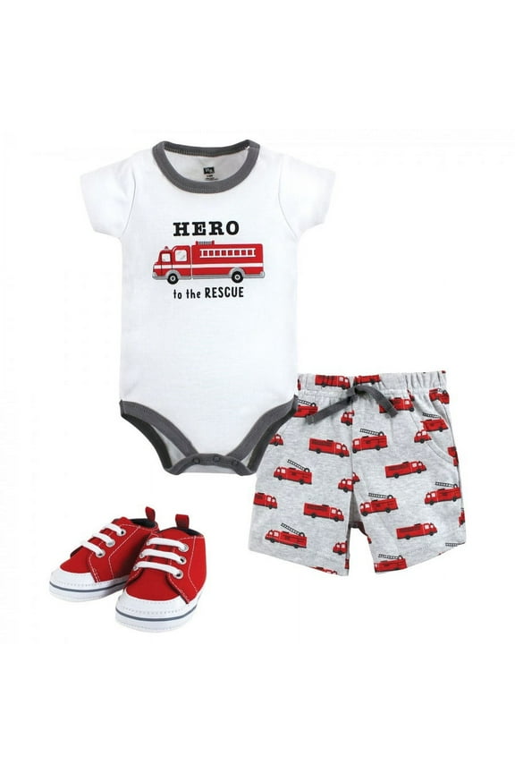 Infant Boy Cotton Bodysuit, Shorts and Shoe Set, Firetruck Hero, 9-12 Months