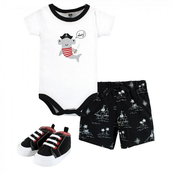 Hudson Baby Infant Boy Cotton Bodysuit, Shorts and Shoe Set, Pirate Shark, 12-18 Months