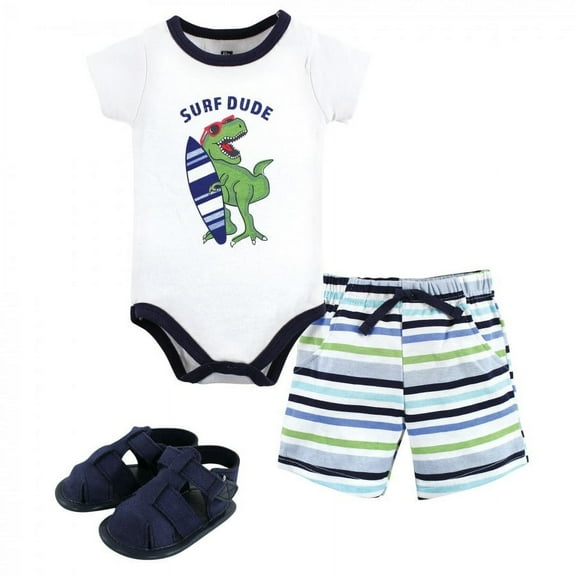 Hudson Baby Infant Boy Cotton Bodysuit, Shorts and Shoe Set, Surf Dude, 0-3 Months