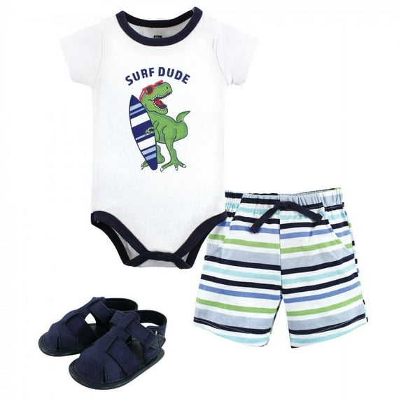 Hudson Baby Infant Boy Cotton Bodysuit, Shorts and Shoe Set, Surf Dude, 0-3 Months
