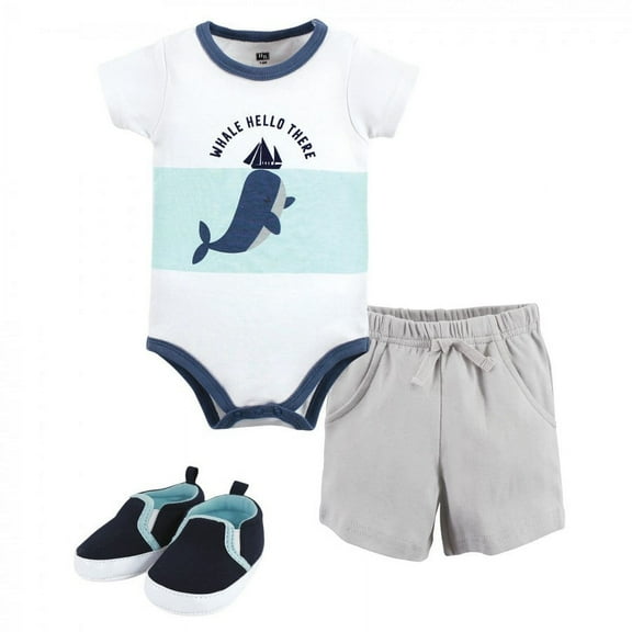 Hudson Baby Infant Boy Cotton Bodysuit, Shorts and Shoe Set, Underwater Whale, 0-3 Months