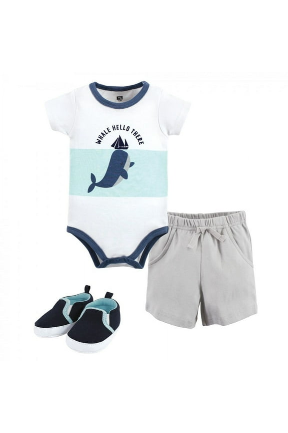 Infant Boy Cotton Bodysuit, Shorts and Shoe Set, Underwater Whale, 0-3 Months