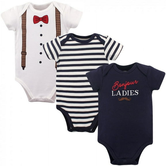 Hudson Baby Infant Boy Cotton Bodysuits 3pk, Bonjour, 0-3 Months
