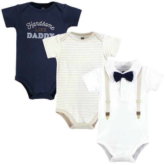 Hudson Baby Infant Boy Cotton Bodysuits, Beige Navy Suspender, 6-9 Months
