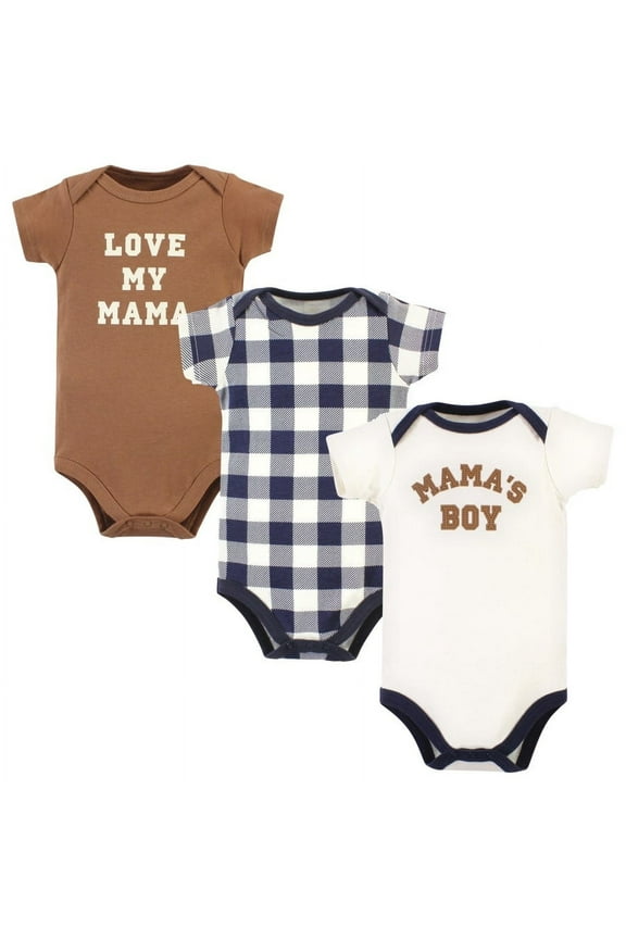 Infant Boy Cotton Bodysuits, Brown Navy Mamas Boy 3-Pack, 12-18 Months