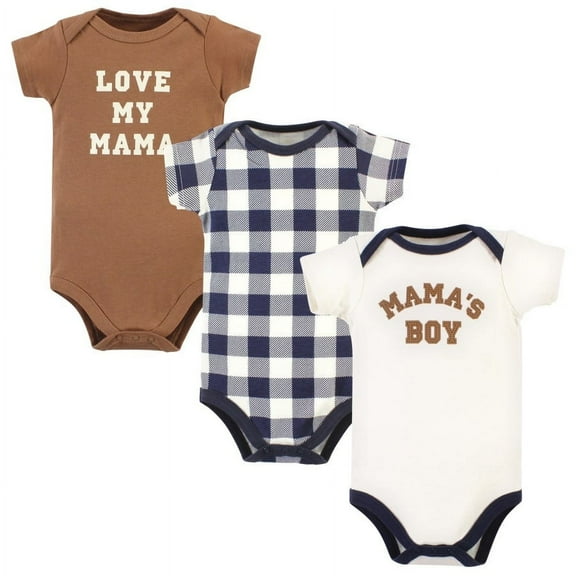 Hudson Baby Infant Boy Cotton Bodysuits, Brown Navy Mamas Boy 3-Pack, 3-6 Months