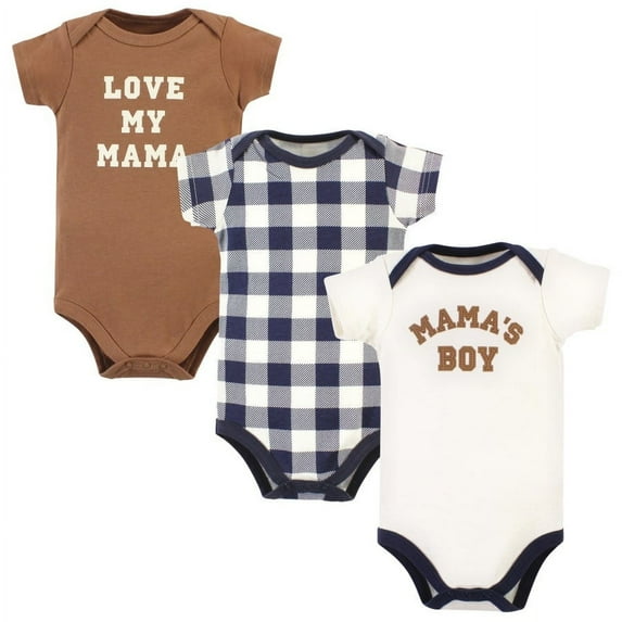 Hudson Baby Infant Boy Cotton Bodysuits, Brown Navy Mamas Boy 3-Pack, Preemie