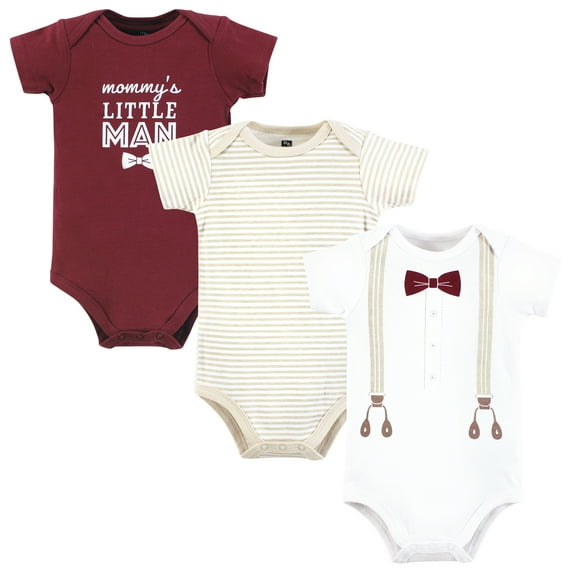 Hudson Baby Infant Boy Cotton Bodysuits, Burgundy Beige Suspender, 3-6 Months
