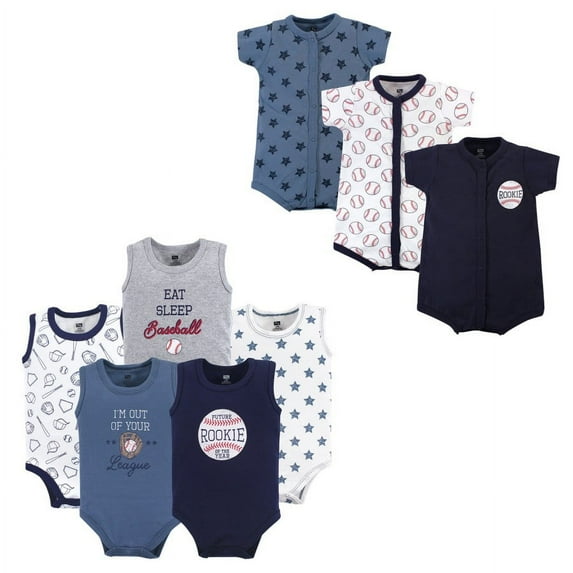 Hudson Baby Infant Boy Cotton Bodysuits and Rompers, 8-Piece, Baseball, 12-18 Months