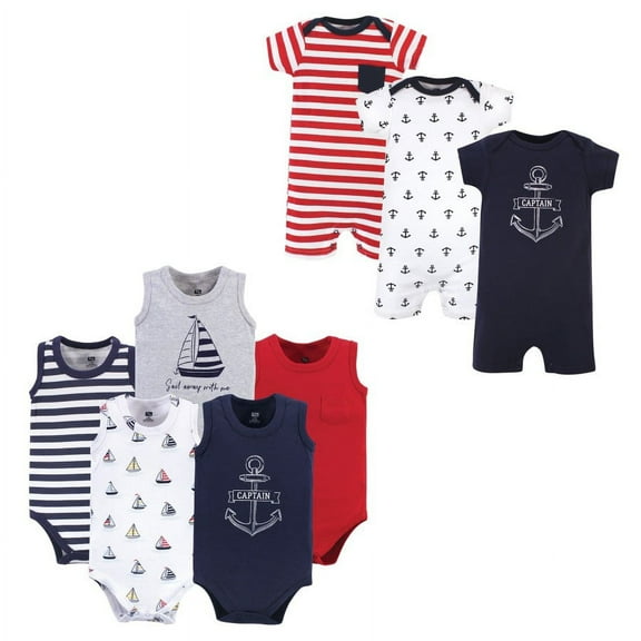 Hudson Baby Infant Boy Cotton Bodysuits and Rompers, 8-Piece, Captain, 0-3 Months