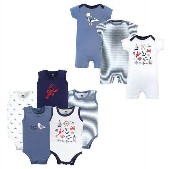 Hudson Baby Infant Boy Cotton Bodysuits and Rompers, 8-Piece, Sea Shore, 6-9 Months