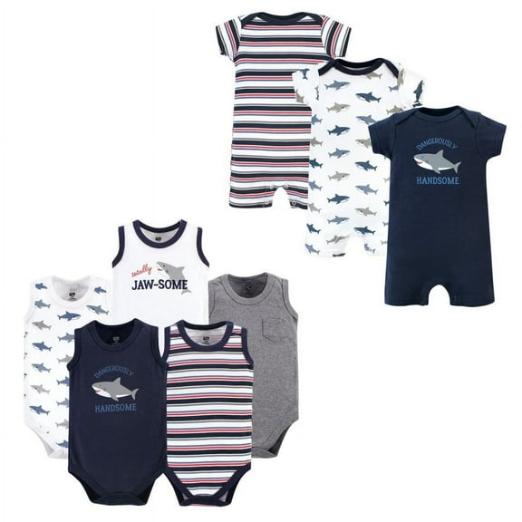 Hudson Baby Infant Boy Cotton Bodysuits and Rompers, 8-Piece, Shark, 6-9 Months