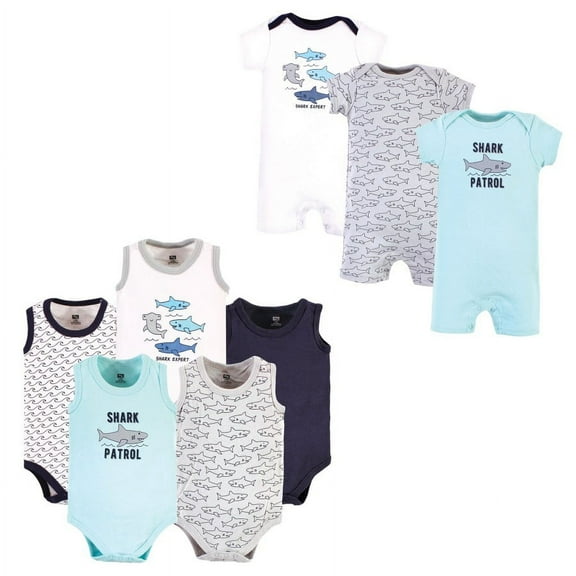 Hudson Baby Infant Boy Cotton Bodysuits and Rompers, 8-Piece, Shark Patrol, 0-3 Months