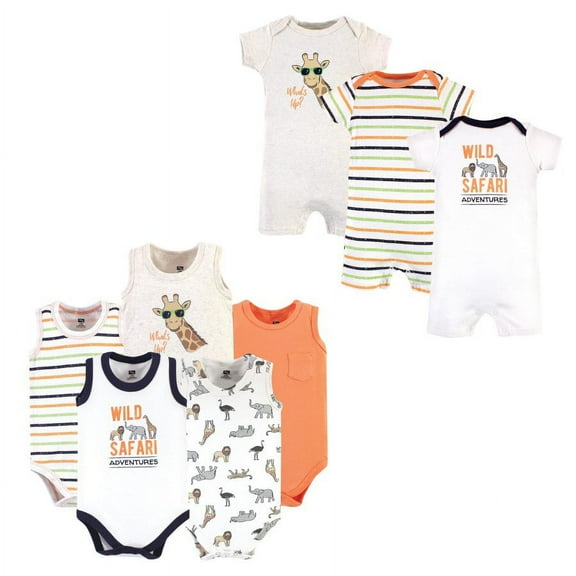 Hudson Baby Infant Boy Cotton Bodysuits and Rompers, 8-Piece, Wild Safari, 0-3 Months