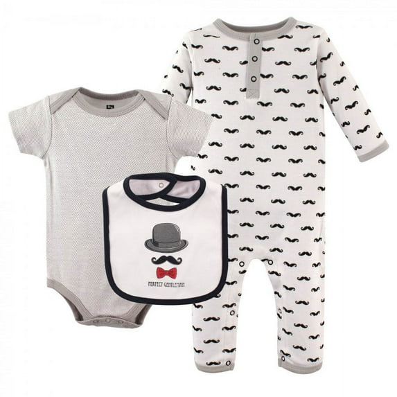 Hudson Baby Infant Boy Cotton Coverall, Bodysuit and Bib Set 3pc, Gentlemen, 0-3 Months