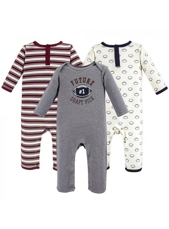 Hudson Baby Infant Boy Cotton Coveralls 3pk, Football, 0-3 Months