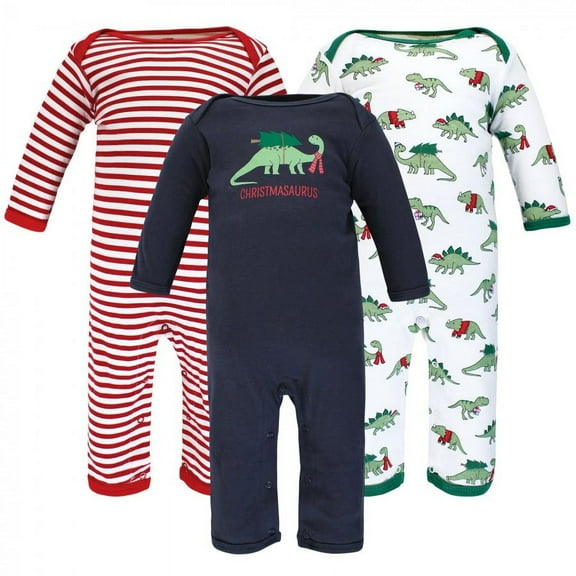 Hudson Baby Infant Boy Cotton Coveralls, Christmasaurus, 0-3 Months