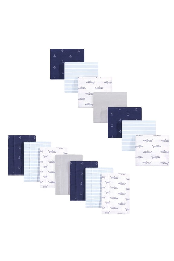 Infant Boy Cotton Flannel Burp Cloths and Receiving Blankets, 14-Piece, Shark, One Size