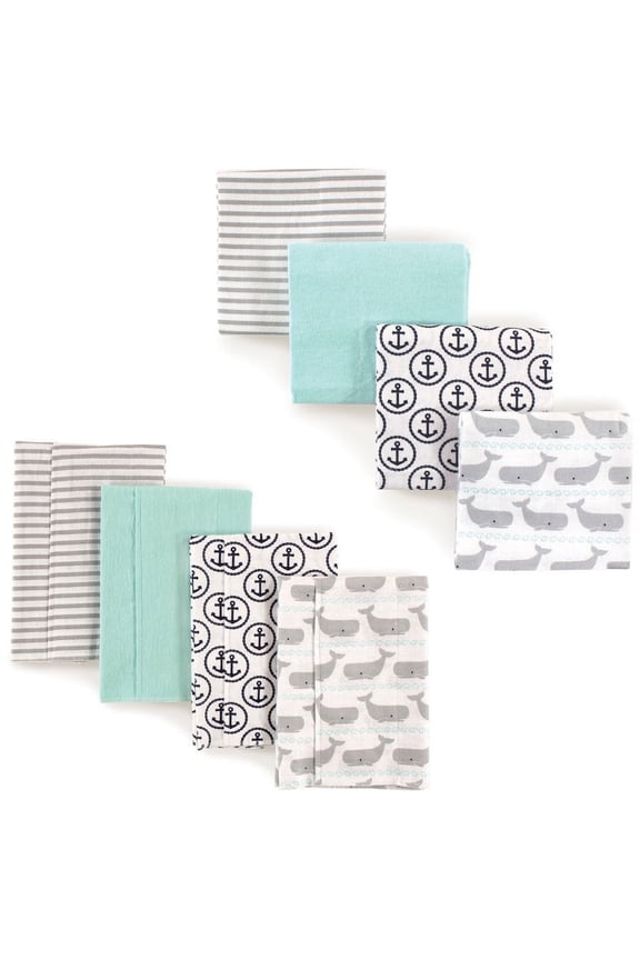 Infant Boy Cotton Flannel Burp Cloths and Receiving Blankets, 8-Piece, Gray Whale, One Size