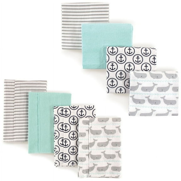 Hudson Baby Infant Boy Cotton Flannel Burp Cloths and Receiving Blankets, 8-Piece, Gray Whale, One Size