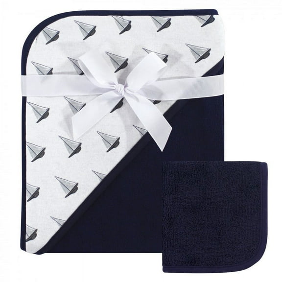 Hudson Baby Infant Boy Cotton Hooded Towel and Washcloth 2pc Set, Sailboat, One Size