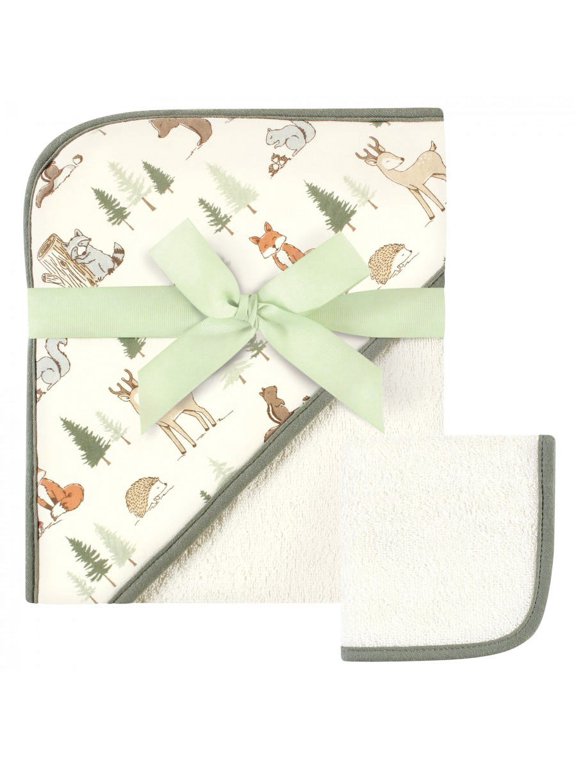 Infant Boy Cotton Hooded Towel and Washcloth, Forest Animals, One Size