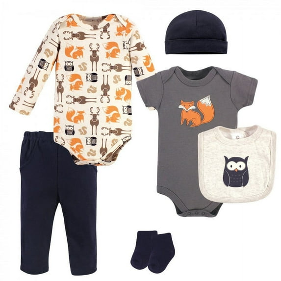Hudson Baby Infant Boy Cotton Layette Set, Orange Fox, 6-9 Months