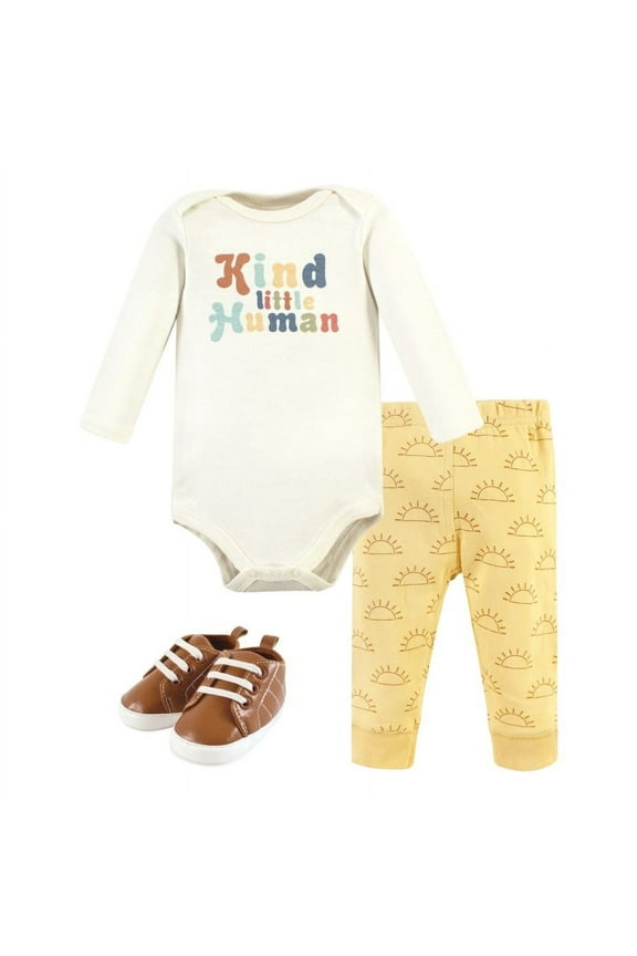 Infant Boy Cotton Long-Sleeve Bodysuit, Pant and Shoe Set, Kind Human, 12-18 Months