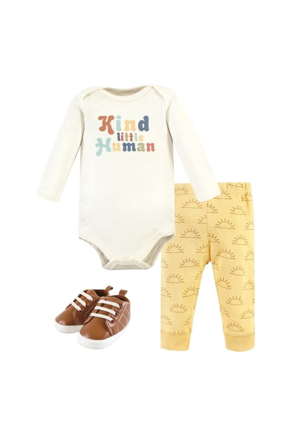 Infant Boy Cotton Long-Sleeve Bodysuit, Pant and Shoe Set, Kind Human, Newborn