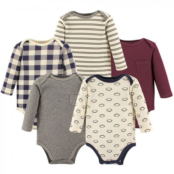 Hudson Baby Infant Boy Cotton Long-Sleeve Bodysuits 5pk, Burgundy Football, 3-6 Months