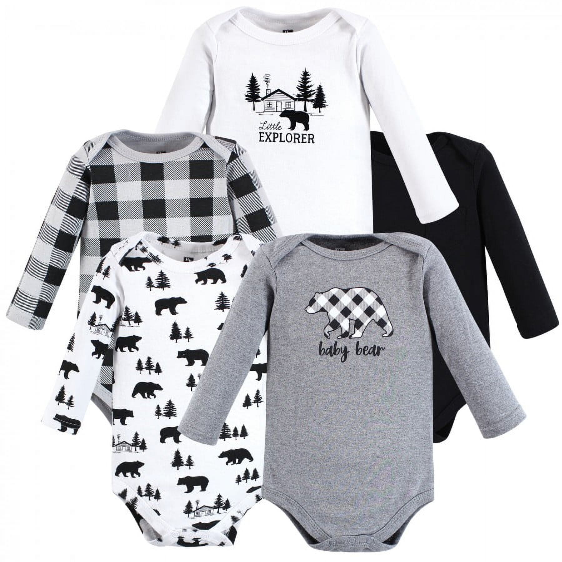 Hudson Baby Infant Boy Cotton Long-Sleeve Bodysuits, Baby Bear Gray Black  5-Pack, 6-9 Months