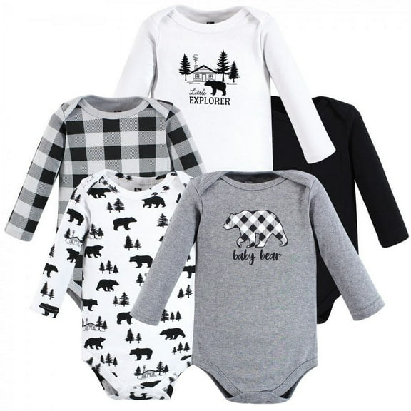 Hudson Baby Infant Boy Cotton Long-Sleeve Bodysuits, Baby Bear Gray Black 5-Pack, 6-9 Months