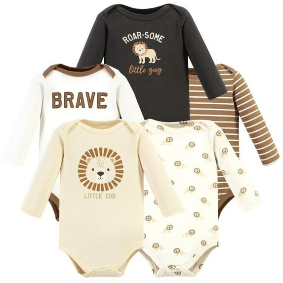 Hudson Baby Infant Boy Cotton Long-Sleeve Bodysuits, Brave Lion 5 Pack, 9-12 Months