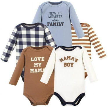 Hudson Baby Infant Boy Cotton Long-Sleeve Bodysuits, Brown Navy Mamas Boy 5-Pack, 12-18 Months