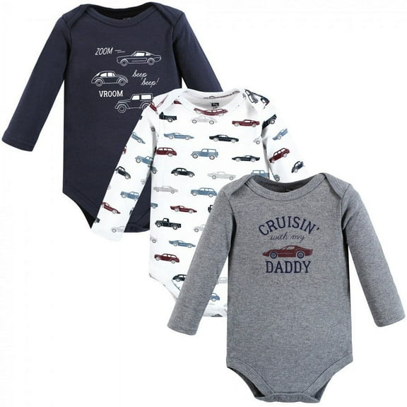 Hudson Baby Infant Boy Cotton Long-Sleeve Bodysuits, Cars 3-Pack, 9-12 Months