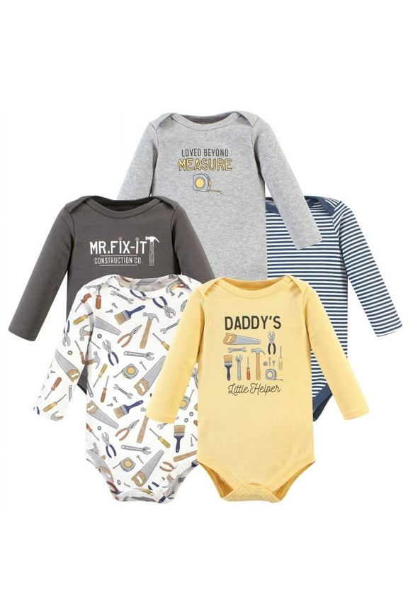 Infant Boy Cotton Long-Sleeve Bodysuits, Construction Work 5-Pack, Newborn