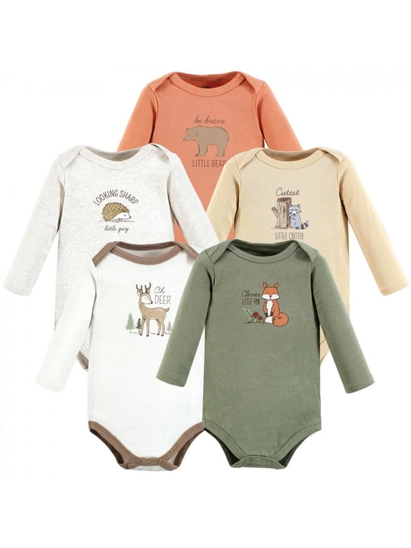Infant Boy Cotton Long-Sleeve Bodysuits, Forest Deer 5-Pack, 3-6 Months