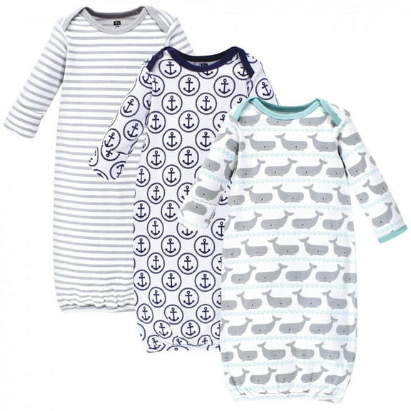 Hudson Baby Infant Boy Cotton Long-Sleeve Gowns 3pk, Whales Anchor, 0-6 Months